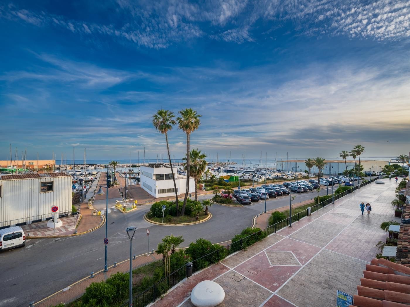 Panoramic view over Puerto Deportivo Marina La Bajadilla, its promenade and the beach in Marbella